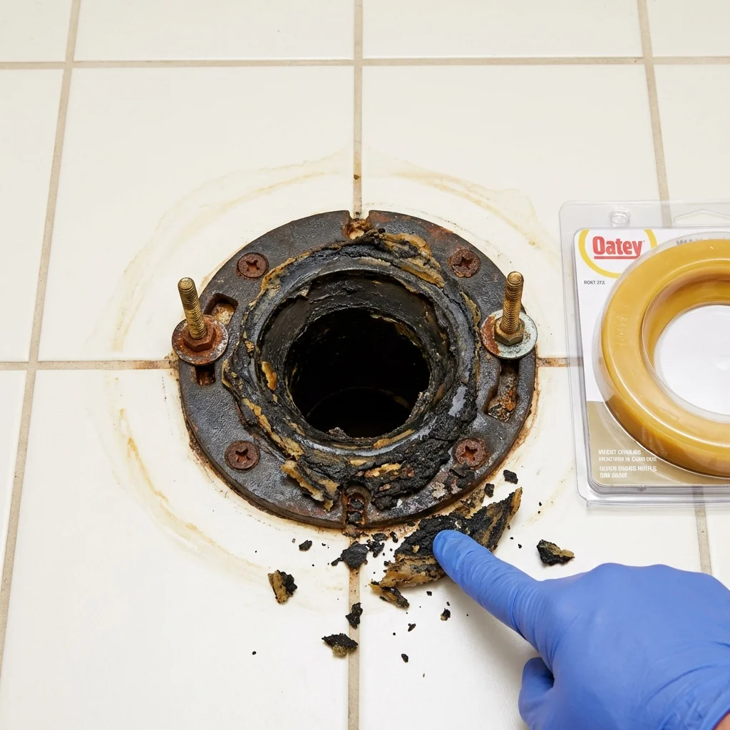 Failed wax ring showing water seepage at the base of a toilet in a Durand, MI home