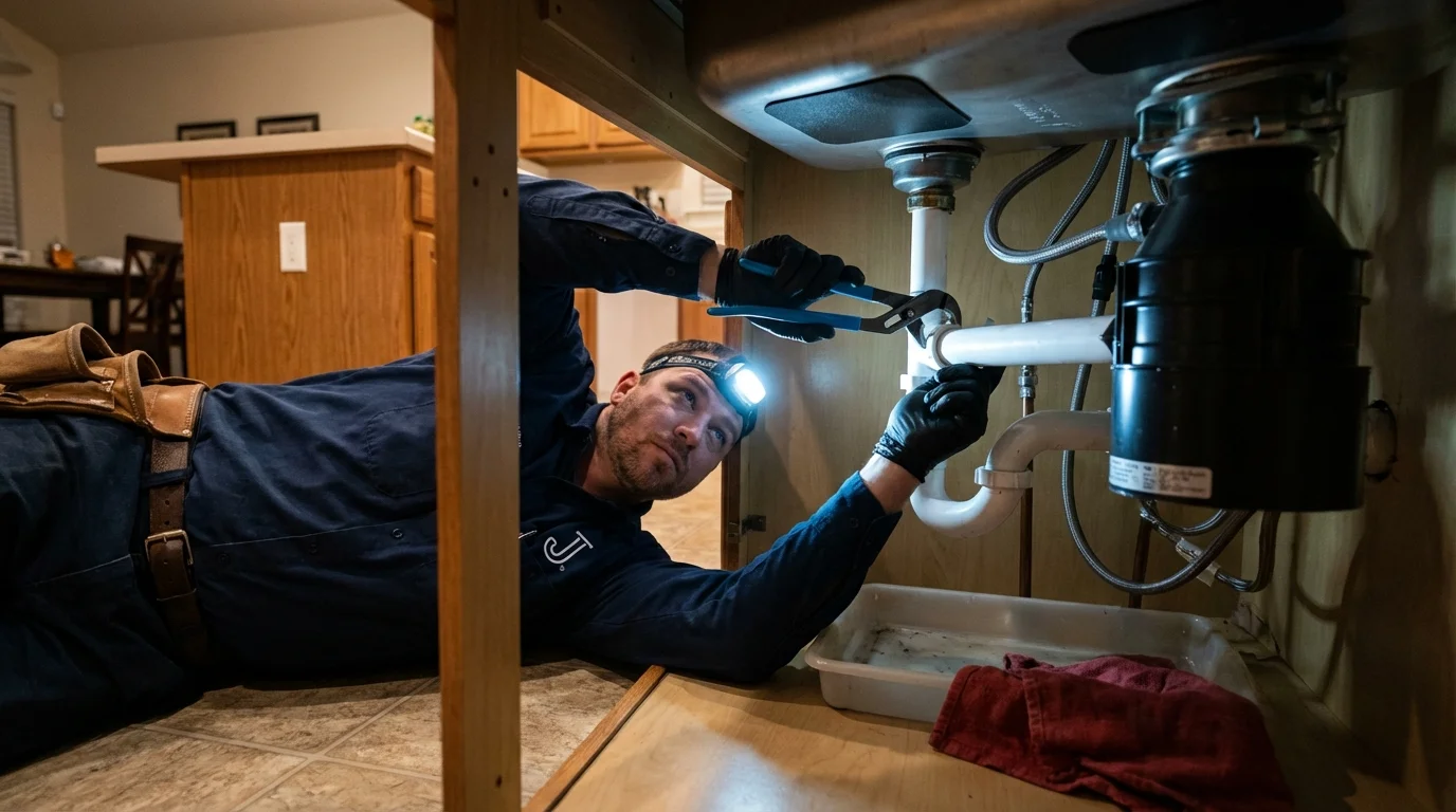P-trap and supply line connections under a kitchen sink showing a common leak point in Durand, MI